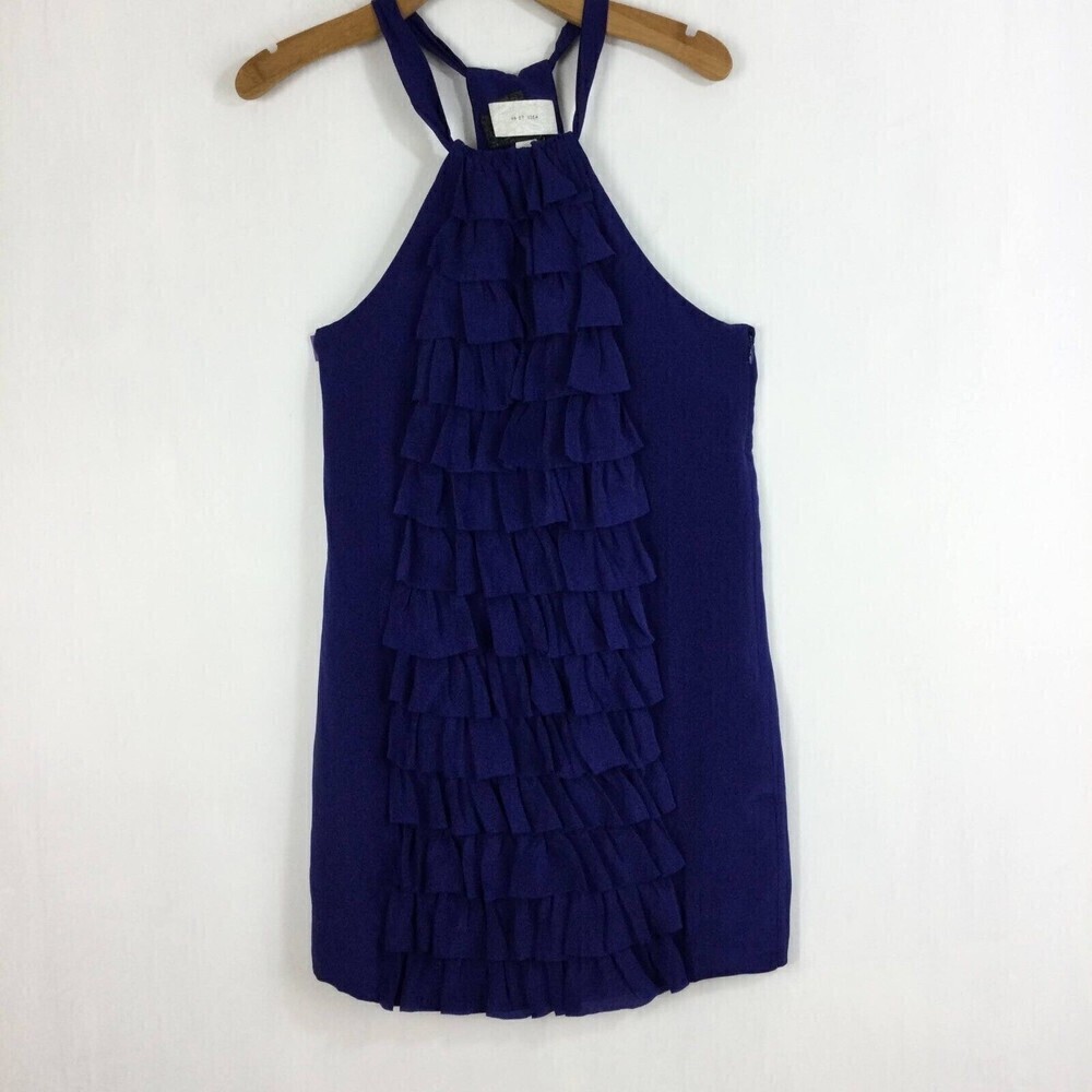 Va Et Vien BHLDN Anthropologie Silk Blue Tiered Ruffle Racerback Mini Dress Sz 6